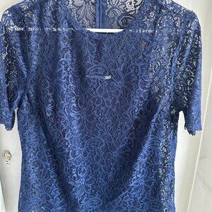 Lace Covered Short Sleeve Top with Attached Navy Blue Tank